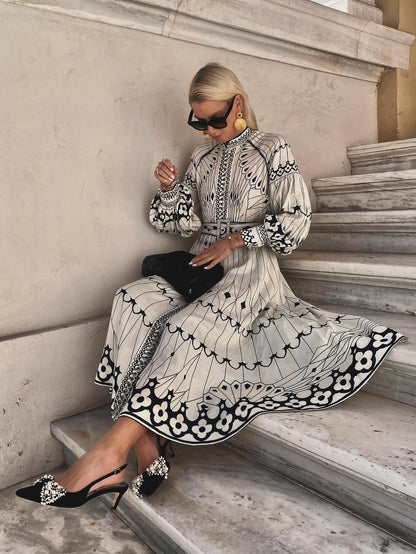 Shirt Dresses Printed Long Sleeves Round Neck Casual Midi Dress