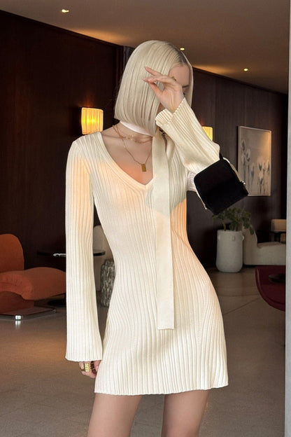 Rib Knit Choker Tie Deep V Neck Bell Cuff Long Sleeve Mini Dress