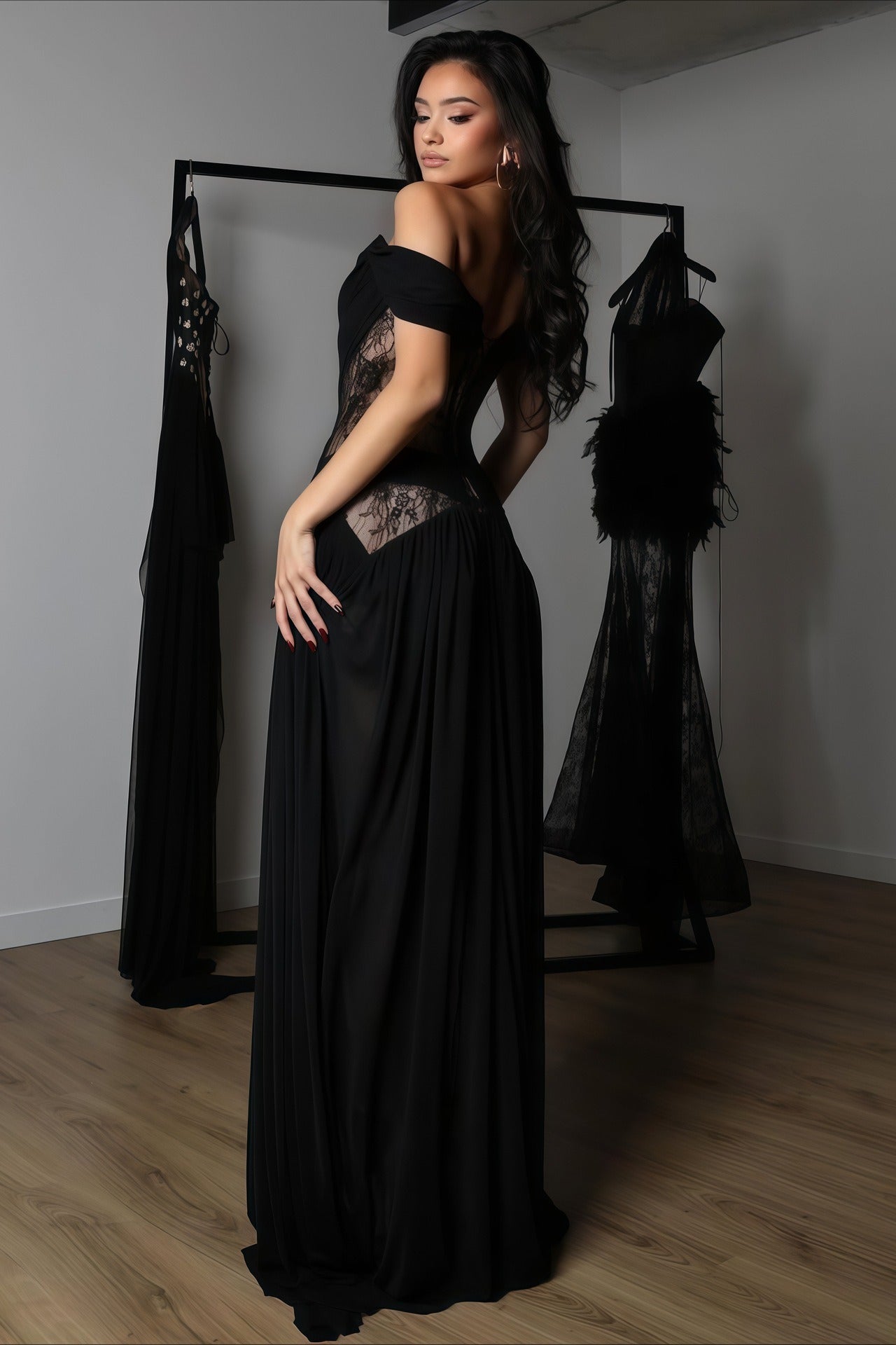 | Lace Patchwork Cutout Sheer Slit Maxi Dress