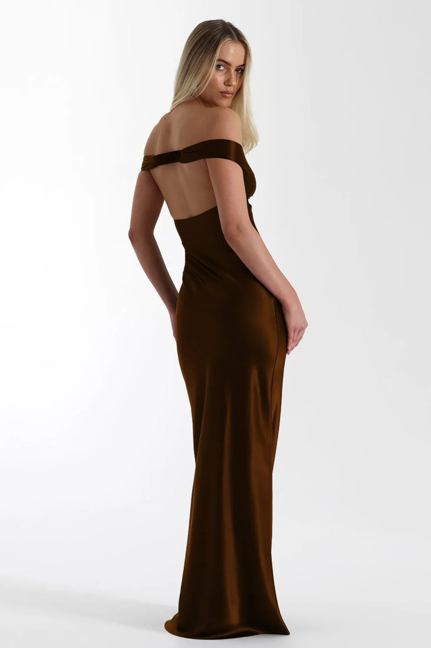 | Satin Mermaid Off Shoulder Maxi Dress