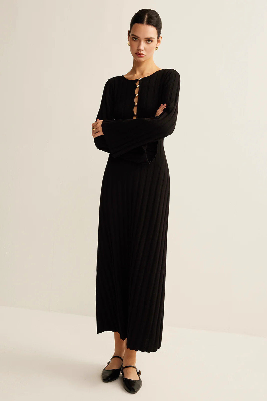 Crew Neck Button Front Keyhole Rib Knit Bell Sleeve Maxi Sweater Dress