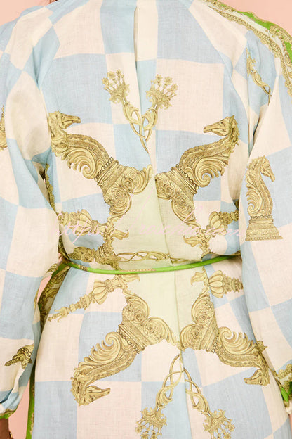 Unique Printed Long Sleeve Drawstring Pocket Shirt Midi Dress