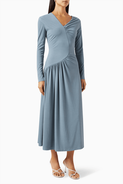 Jersey Solid Ruched Long Sleeve Midi Dress Blue