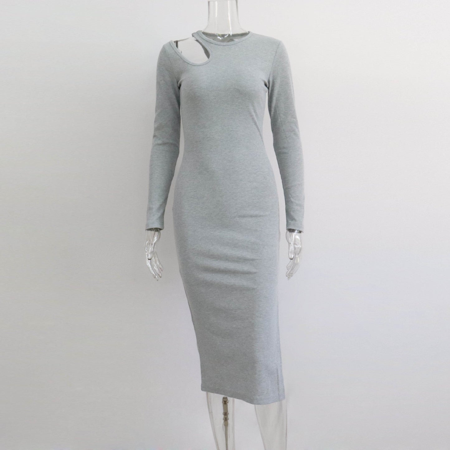 Women Hollow Out Cutout round Neck Tight Rib Dress Autumn Winter Sexy Base Slit Midi Dress Long Sleeve