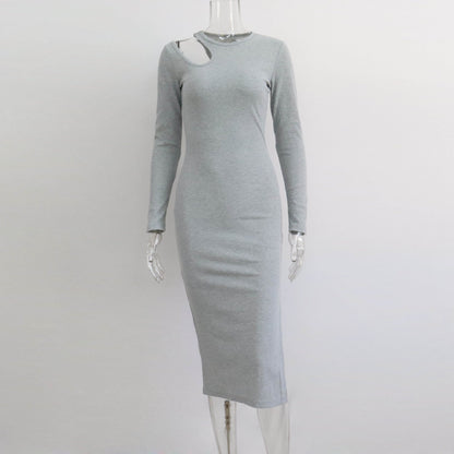 Women Hollow Out Cutout round Neck Tight Rib Dress Autumn Winter Sexy Base Slit Midi Dress Long Sleeve