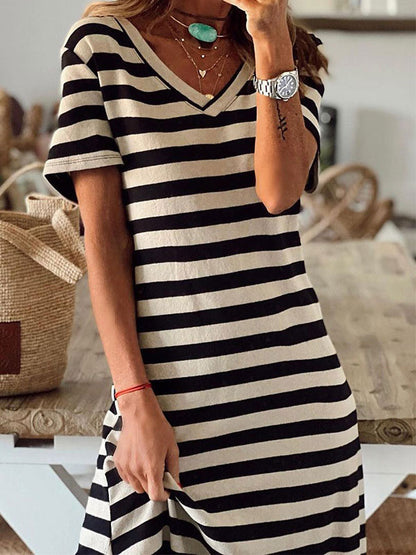 Stripes Low-slit V-Neck Short Sleeves Midi Dress