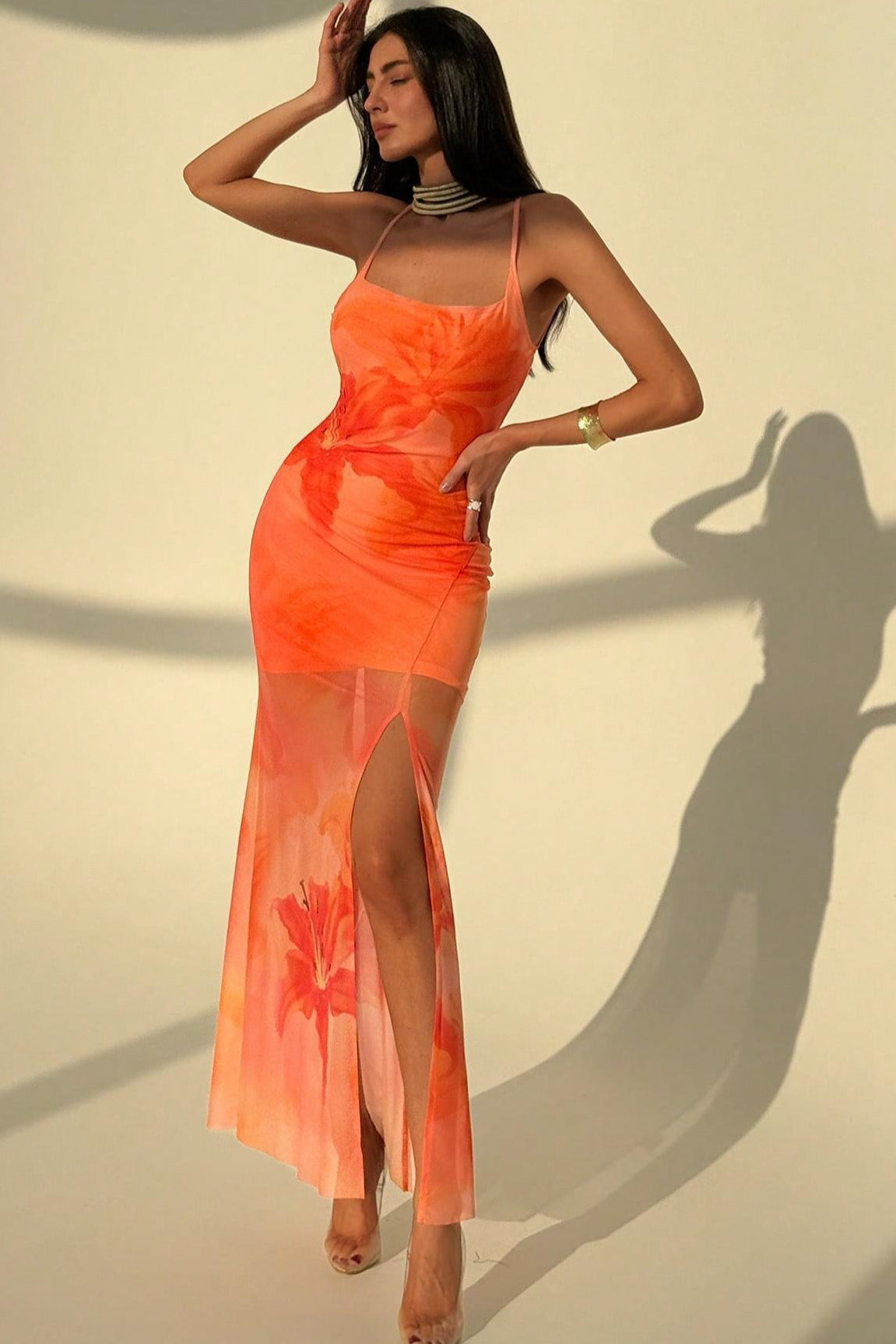 Square Neck Spaghetti Strap Ruched Floral Mesh High Slit Maxi Dress