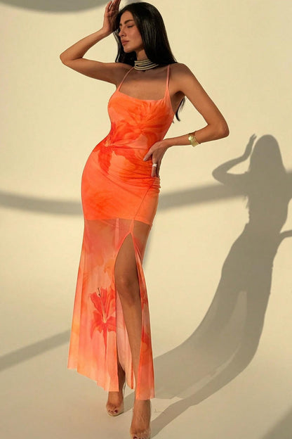 Square Neck Spaghetti Strap Ruched Floral Mesh High Slit Maxi Dress