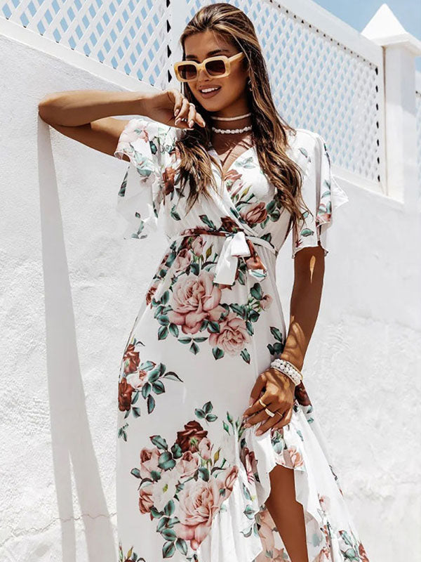 Summer Midi Dress White V-Neck Lace Up Floral Print Beach Dress