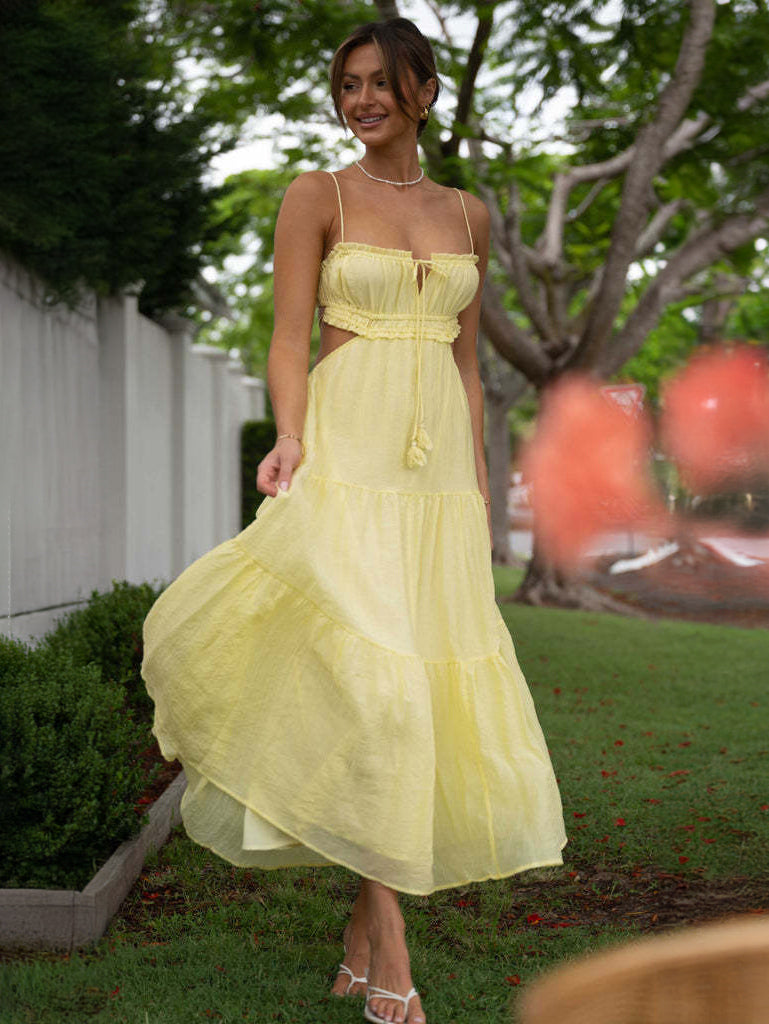 White Dress Tiered Spaghetti Strap Cutout Lace Up Summer Casual Midi Dresses