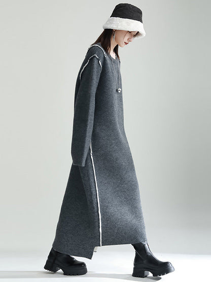 Casual Long Sleeves Loose Solid Color Round-Neck Sweater Dresses