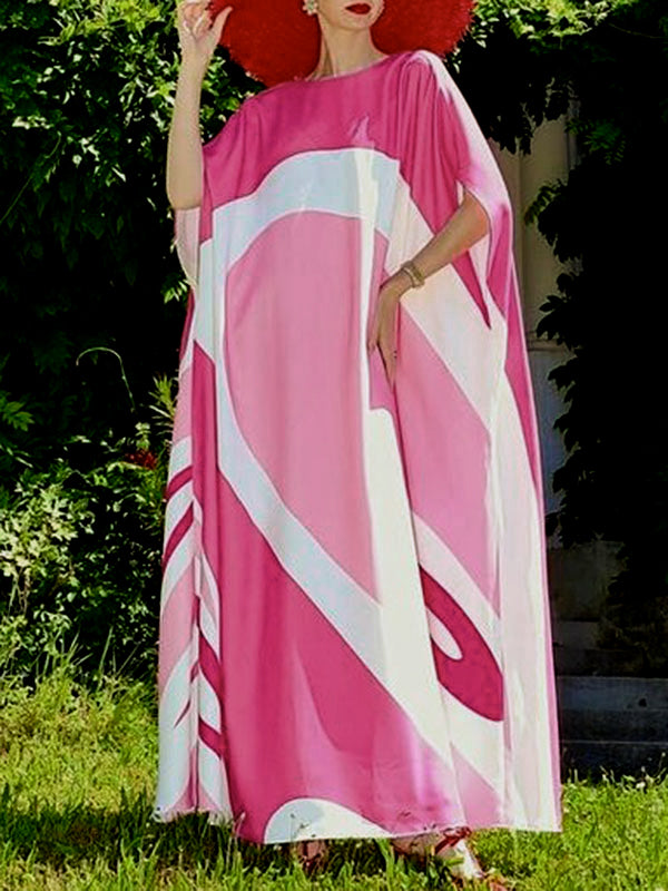 Batwing Sleeves Loose Contrast Color Printed Split-Joint Round-Neck Evening Dresses Maxi Dresses