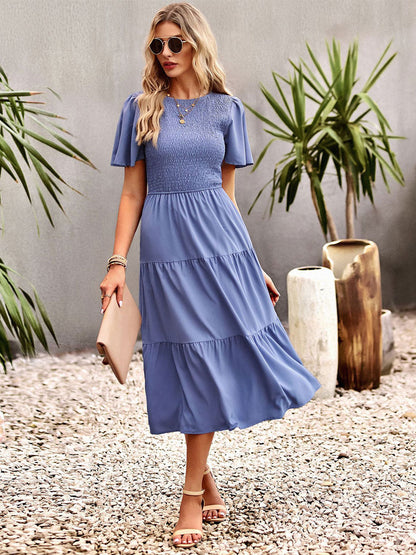 Casual Jewel Neck Short Sleeves Midi Dress