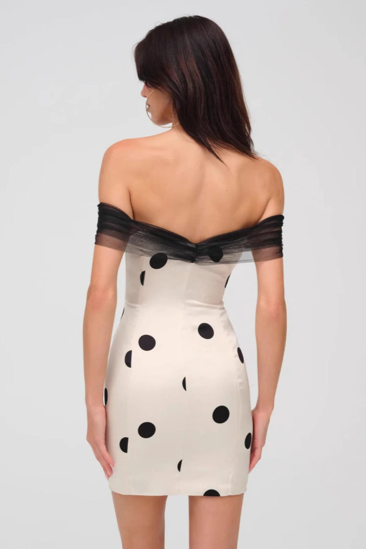 Polka Dot Off-the-Shoulder Mesh Overlay Ruched Button Front Mini Dress