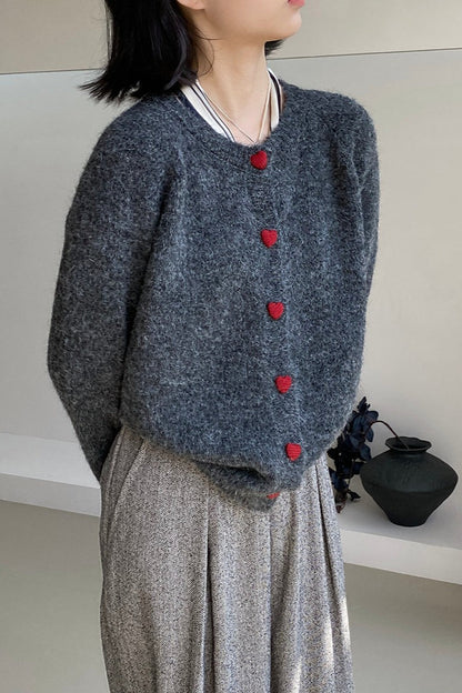 Oversized Heart Button Round Neck Cardigan