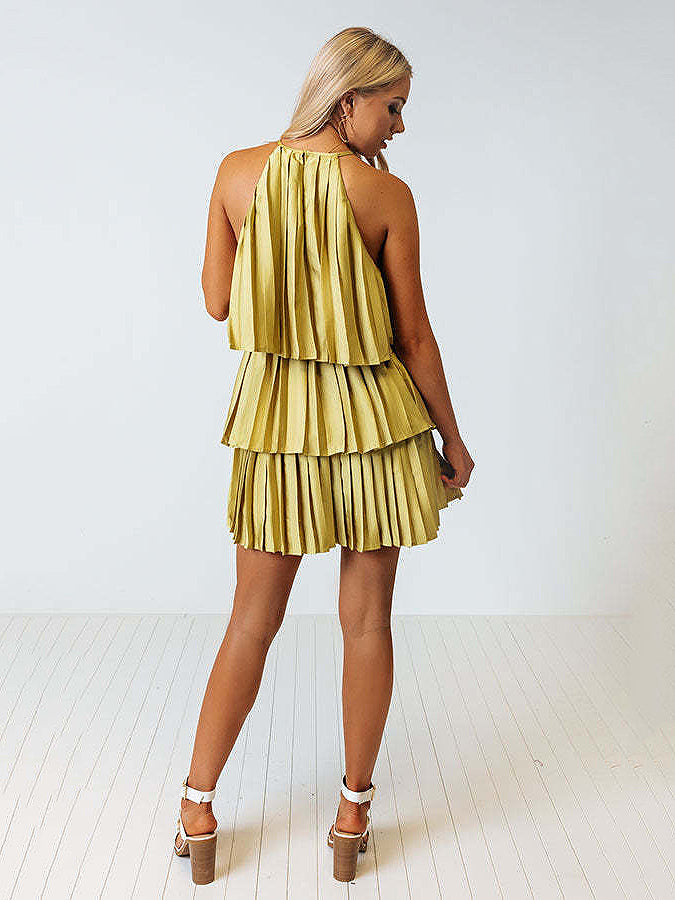 Mini Dresses Pink Sleeveless Pleated Short Dress
