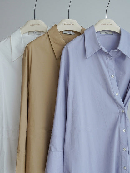Long Sleeves Loose Asymmetric Solid Color Lapel Shirt Dress