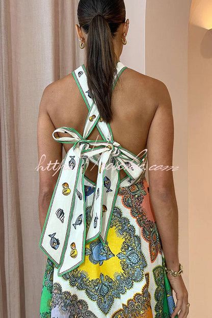 Ocean Legend Linen Blend Mermaid Print Halter Tie-up Midi Dress