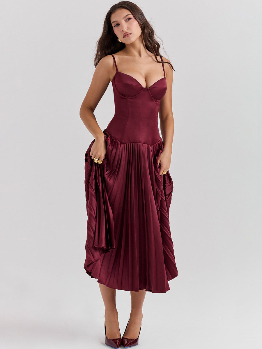 Corset Dress Spaghetti Straps Accordion Pleated Skirt Prom Birthday Party Midi Dresses
