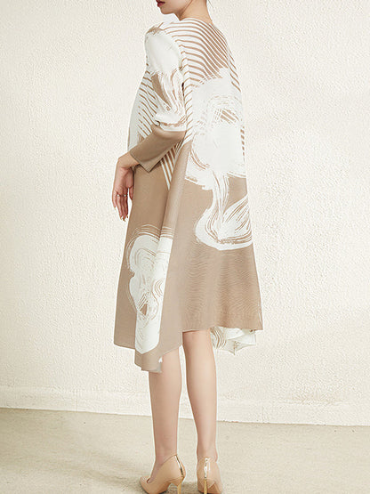 Long Sleeves Loose Pleated Printed Round-Neck Midi Dresses