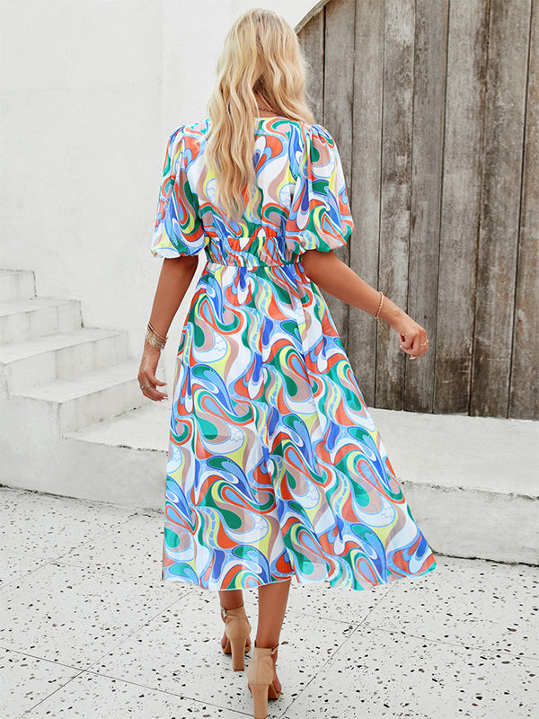 Floral Dress Midi Dress Printed Short Sleeves V-Neck Sweet Summer