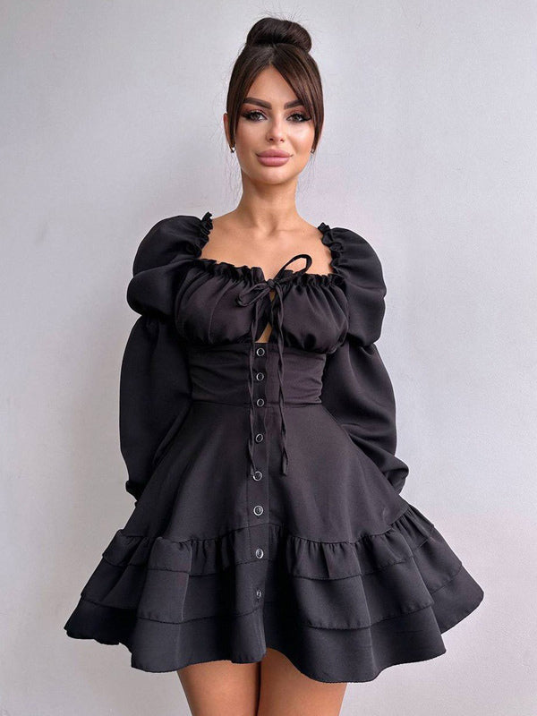 Mini Dresses Black Long Sleeves Pleated Polyester Layered Short Dress For Women