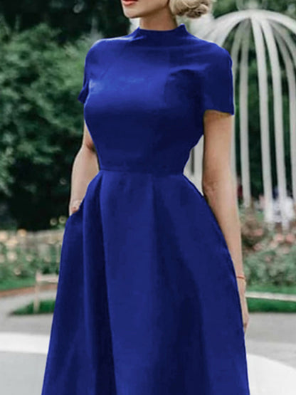 Short Sleeves Solid Color Stand Collar Midi Dresses