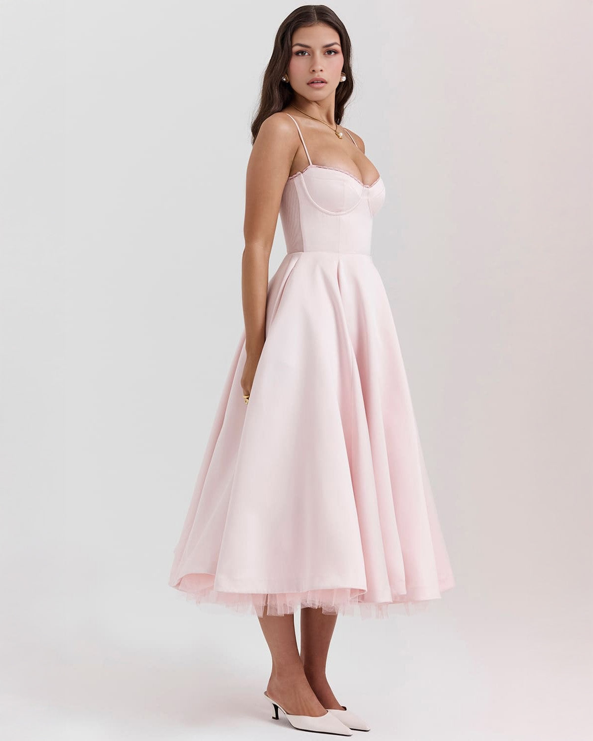Sweetheart Spaghetti Strap Lace Trim Corset Bodice Fit and Flare Midi Dress