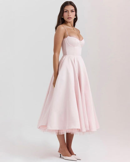 Sweetheart Spaghetti Strap Lace Trim Corset Bodice Fit and Flare Midi Dress