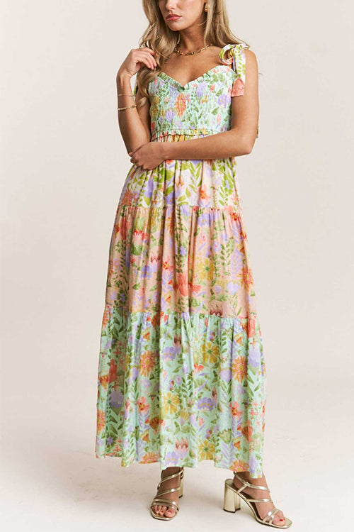 Margovil V Neck Bow Shoulder Tiered Floral Print Maxi Dress