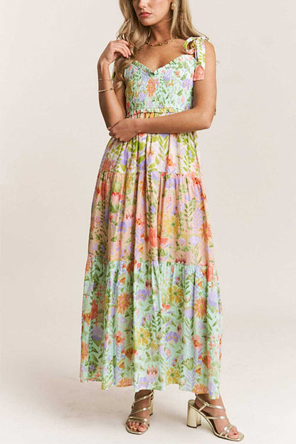 Margovil V Neck Bow Shoulder Tiered Floral Print Maxi Dress