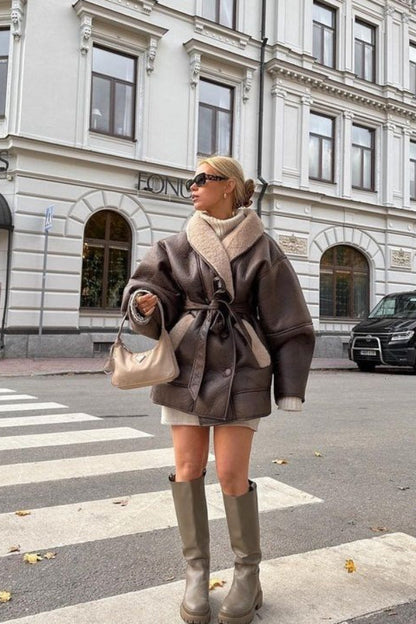 Faux Fur Collar Leather Coat