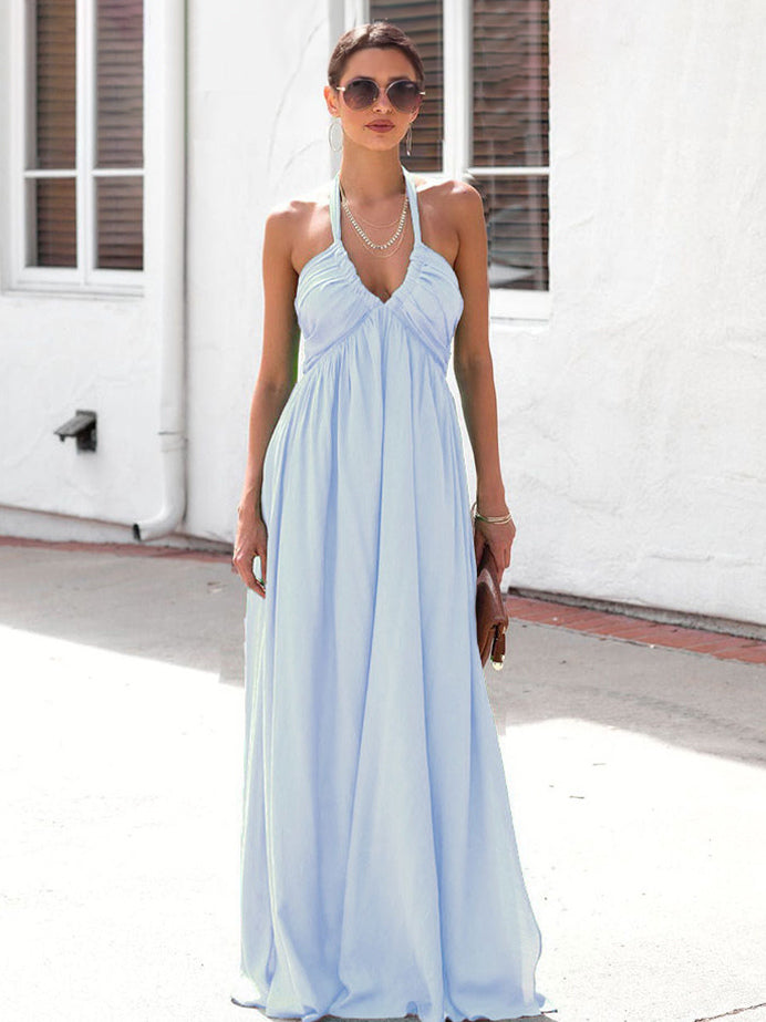 Halter Neck Maxi Dress for Women - Boho V Neck Ruched Flowy Backless Sun Dress - Summer Beach Party 2026