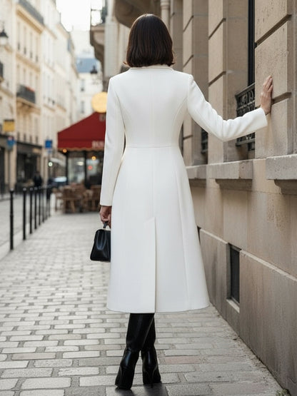 White Woolen Double-Breasted Midi Coat With Sharp Lapel And X-Line For Women 2026