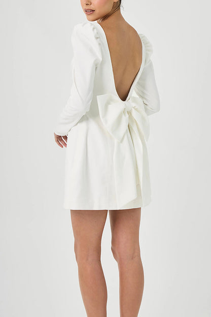 Women's party dress fluffy shoulder long sleeved back bow detail mini dress