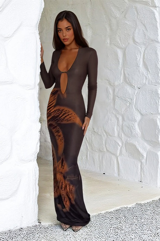 Plunge V-Neck Keyhole Ring Abstract Print Bodycon Maxi Dress