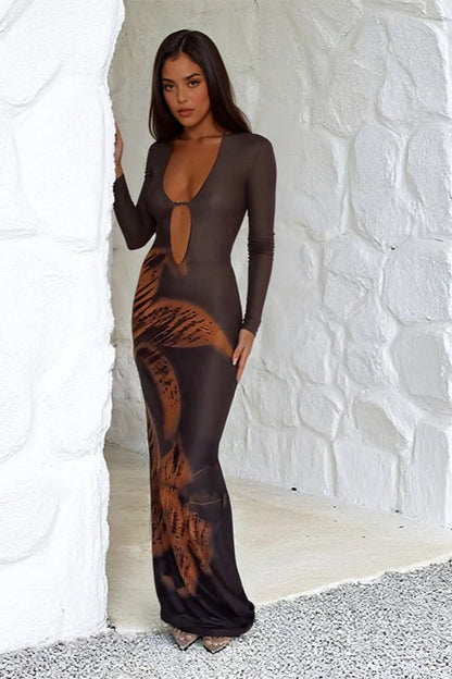 Plunge V-Neck Keyhole Ring Abstract Print Bodycon Maxi Dress