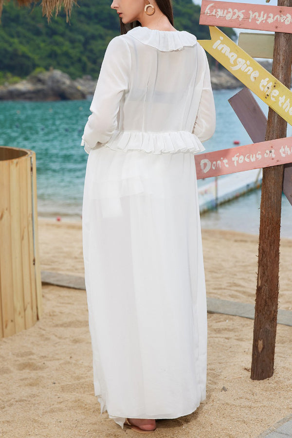 Solid Color Loose Long-sleeved Ruffled Holiday Cover-up Robe