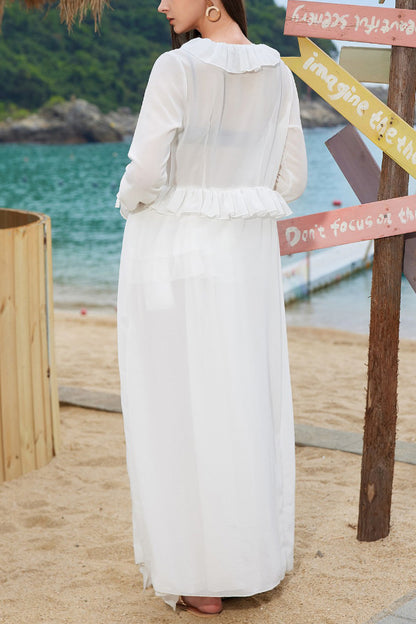 Solid Color Loose Long-sleeved Ruffled Holiday Cover-up Robe