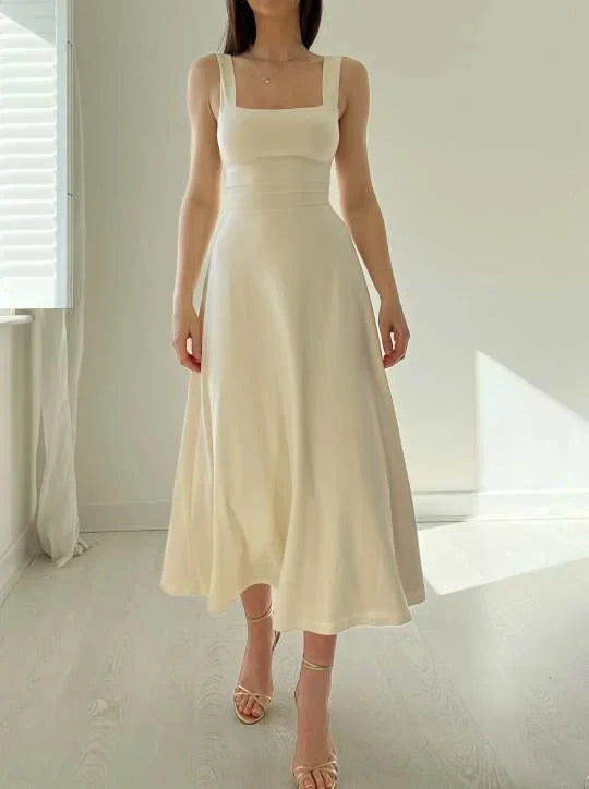 Square Neck Wide Strap Sleeveless Fit and Flare Midi Dress