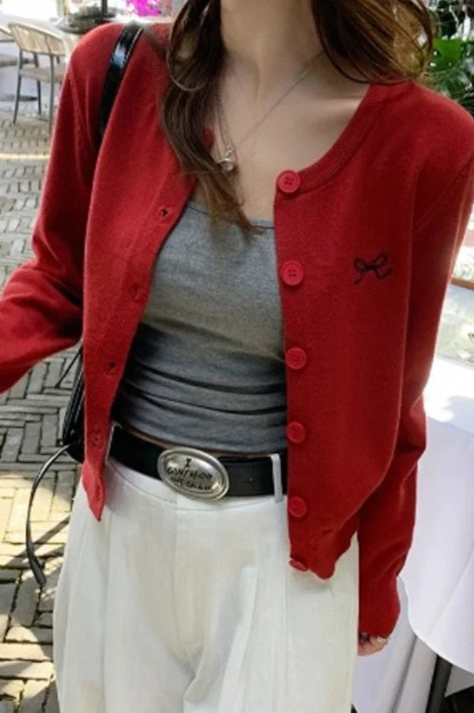 Bow Embroidered Knit Cardigan