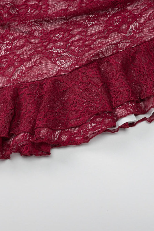 Floral Lace Strapless Ruched Asymmetric Ruffle Hem Mini Dress
