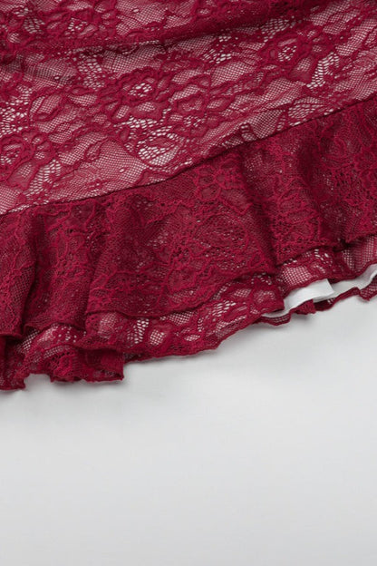 Floral Lace Strapless Ruched Asymmetric Ruffle Hem Mini Dress