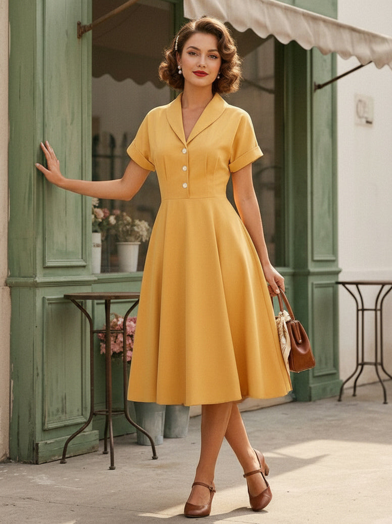 Vintage Glamour Dress Turndown Collar Buttons 1950s Style Short Sleeves Medium Yellow Rockabilly Dress