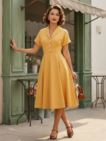 Vintage Glamour Dress Turndown Collar Buttons 1950s Style Short Sleeves Medium Yellow Rockabilly Dress
