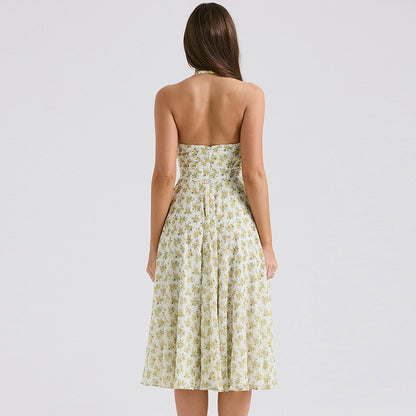 Halterneck Deep V Floral Backless Midi Dress