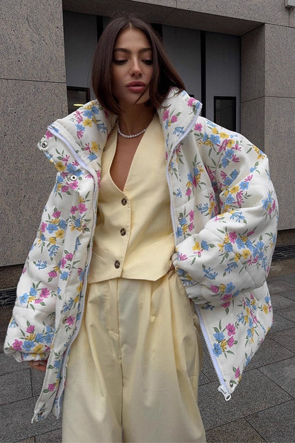 Printed Stand Collar Cotton Coat