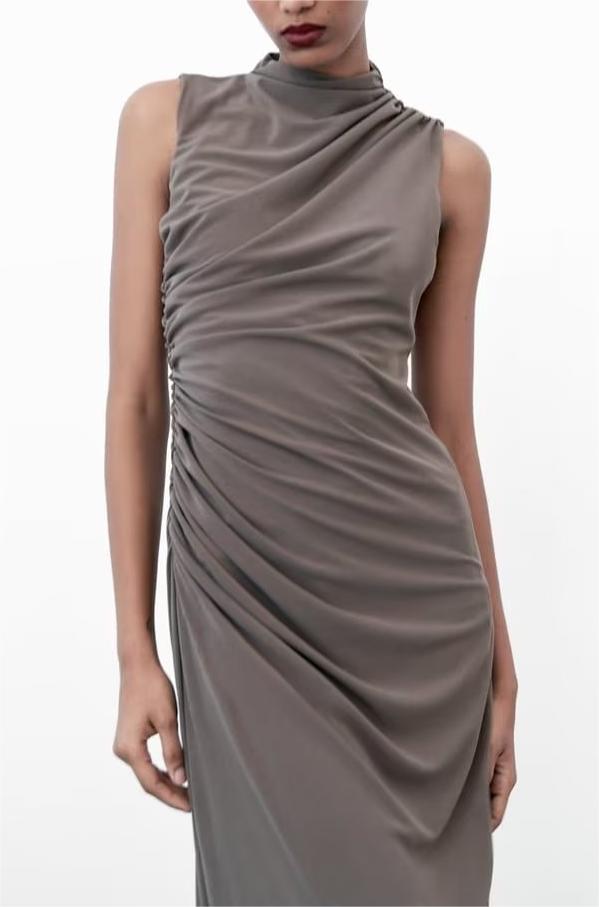 Women Clothing Stand Collar Sleeveless Straight Slim Pleated Decoration Midi Dress
