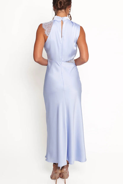 Touch of Allure Satin Drape High Neck Lace Detail Maxi Dress
