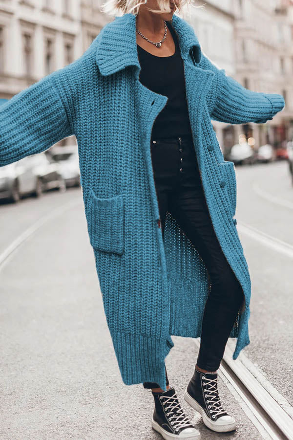 Chunky and Warm Knit Button Pocketed Oversized Midi Cardigan